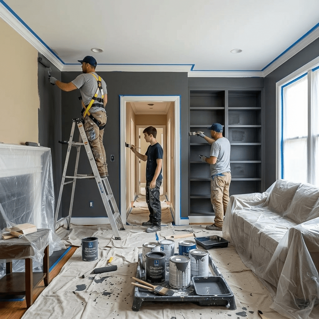 Three workers painting gray walls and shelves in a living room