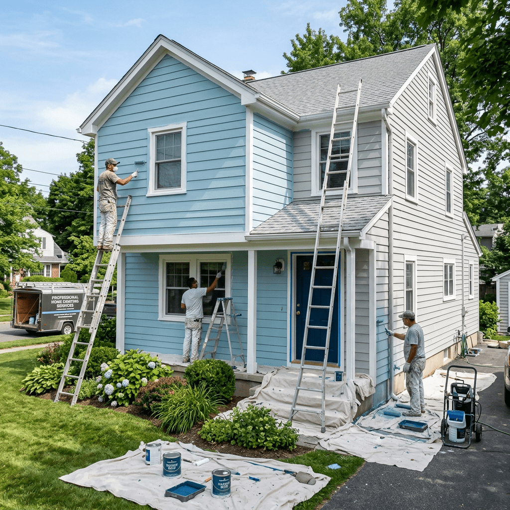 Three painters using ladders and rollers to paint a two-story house blue and gray