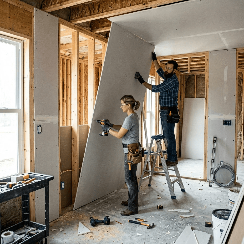 Two workers holding and securing drywall panels during home interior construction