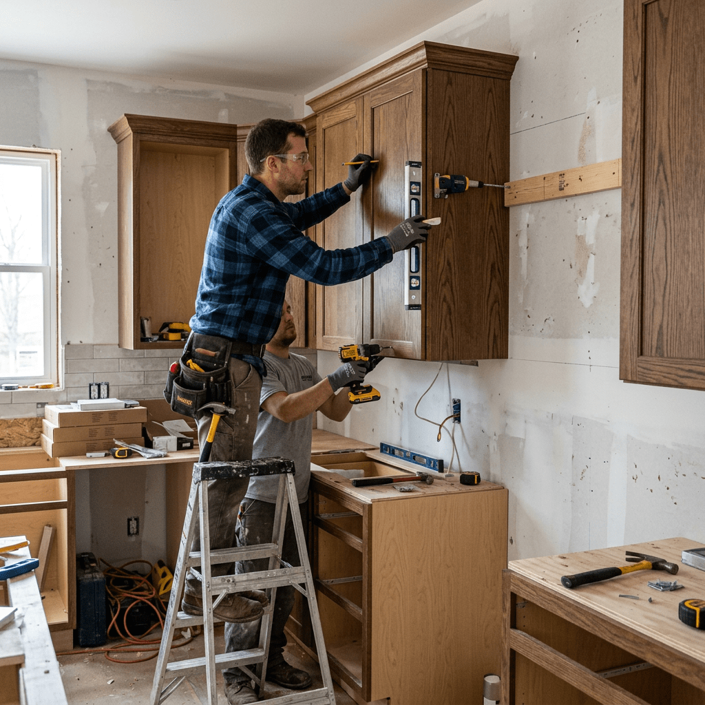 Two workers fitting wooden cabinets on a kitchen wall with tools
