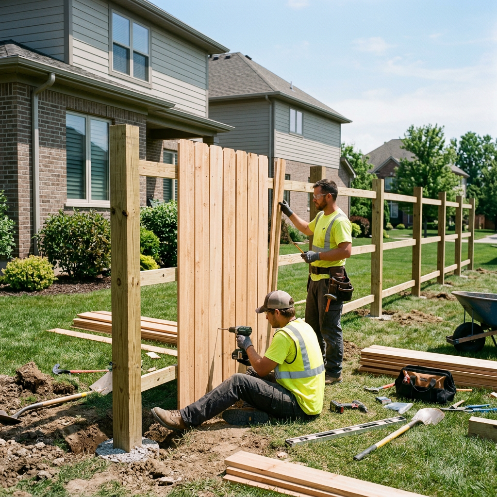 Workers assembling wooden privacy fence panels in a residential backyard